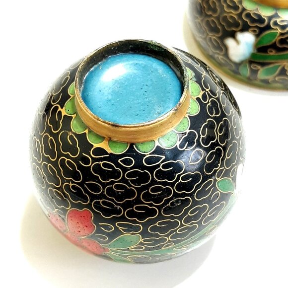 Chinese Cloisonne Open Salt & Pepper Vintage Enamel Brass Floral Black Red Blue - Picture 6 of 7